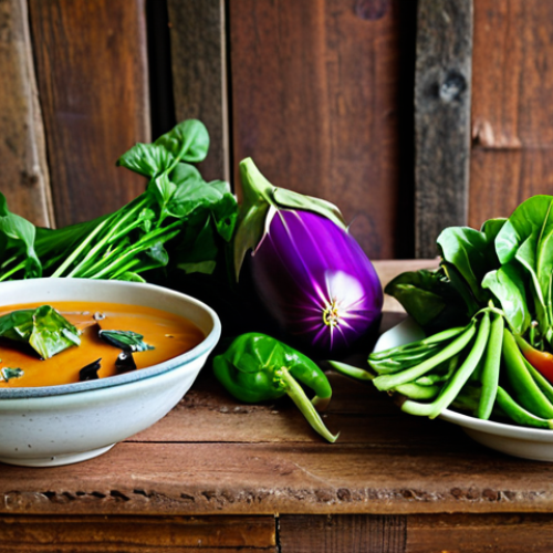 Home 4 **Image Prompt:** A vibrant display of colorful Thai vegetables (like morning glory, eggplant, local greens) arranged beautifully in small bowls on a rustic wooden table. Focus on fresh, seasonal produce.