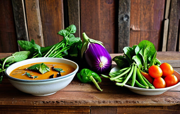 **Image Prompt:** A vibrant display of colorful Thai vegetables (like morning glory, eggplant, local greens) arranged beautifully in small bowls on a rustic wooden table. Focus on fresh, seasonal produce.