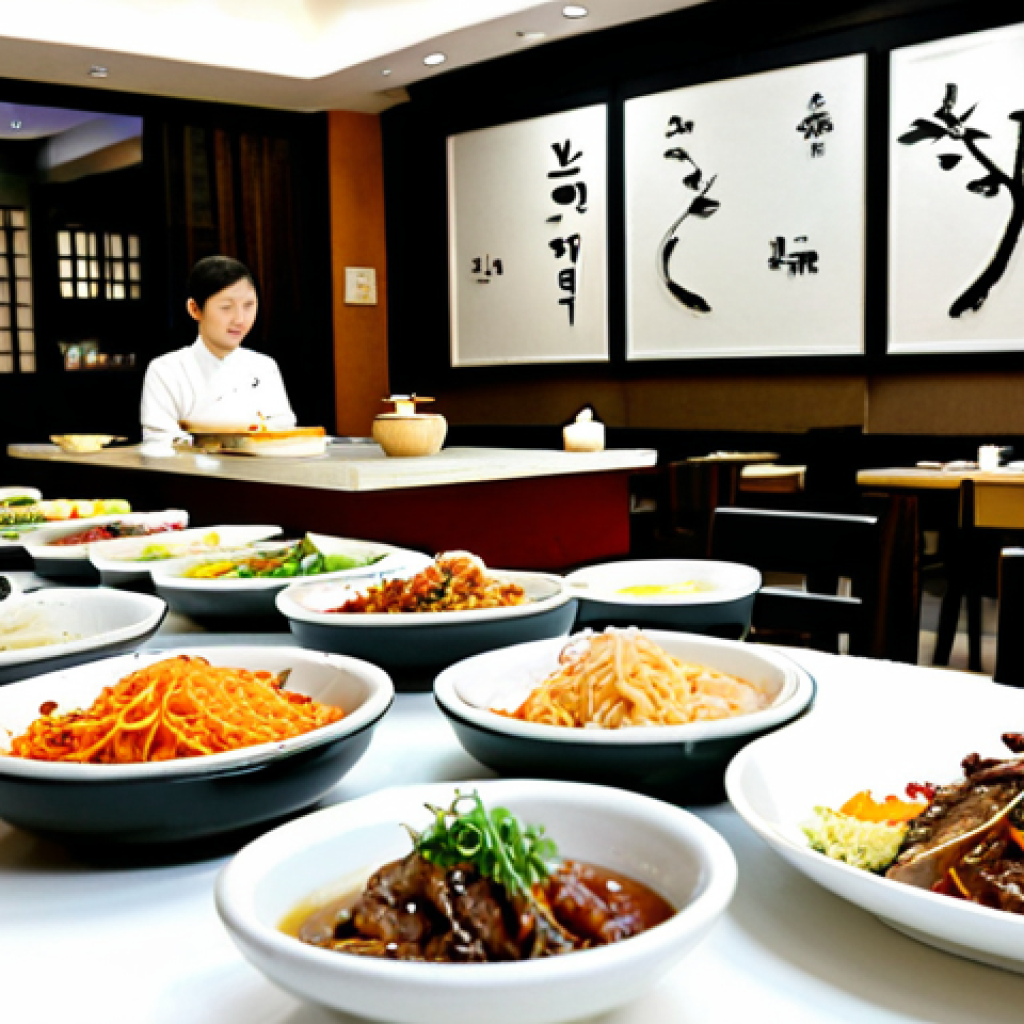 Modern Korean Restaurant Display**

"A brightly lit, modern Korean restaurant interior with patrons enjoying a variety of colorful dishes. Focus on the balanced arrangement of banchan (side dishes) around a main course like Bulgogi or Bibimbap. Display high-quality ingredients prominently. The restaurant features clean, minimalist decor. Fully clothed customers are seated at tables, enjoying a meal. Safe for work. Appropriate content. Professional food photography, perfect composition, natural lighting, modest attire, family-friendly atmosphere."

**