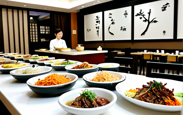 Modern Korean Restaurant Display**

"A brightly lit, modern Korean restaurant interior with patrons enjoying a variety of colorful dishes. Focus on the balanced arrangement of banchan (side dishes) around a main course like Bulgogi or Bibimbap. Display high-quality ingredients prominently. The restaurant features clean, minimalist decor. Fully clothed customers are seated at tables, enjoying a meal. Safe for work. Appropriate content. Professional food photography, perfect composition, natural lighting, modest attire, family-friendly atmosphere."

**