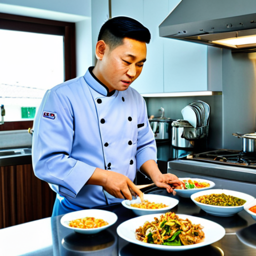 **

A professional Thai chef in a clean, modern kitchen in Bangkok, demonstrating how to make *Pad See Ew*, fully clothed, appropriate attire, safe for work, perfect anatomy, natural proportions, food photography, high quality, professional. The kitchen has stainless steel appliances and Thai spices are visible on the counter. Modest. Family-friendly.

**