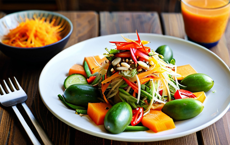 한식 다이어트 식단 - **Prompt:** "A vibrant image of Som Tum (papaya salad) served with fresh vegetables, no sugar added,...