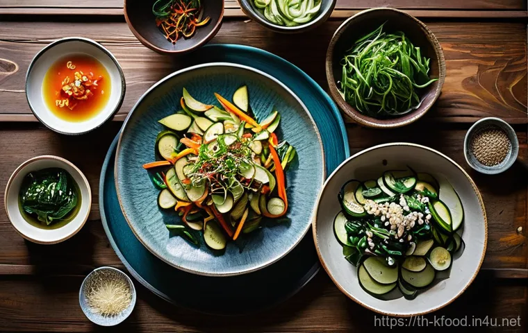 한식의 효능과 건강 효과 - **Prompt:** A vibrant, healthy spread of Korean vegetable side dishes (banchan) arranged beautifully...