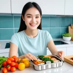 한식 도시락 레시피 - **"A young Thai woman, Meaw, with a radiant smile, meticulously arranging a vibrant and artfully cra...