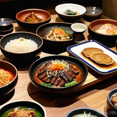 한식 한정식 구성법 - A beautifully arranged traditional Korean Han Jeong Sik table, viewed from a slightly elevated angle...