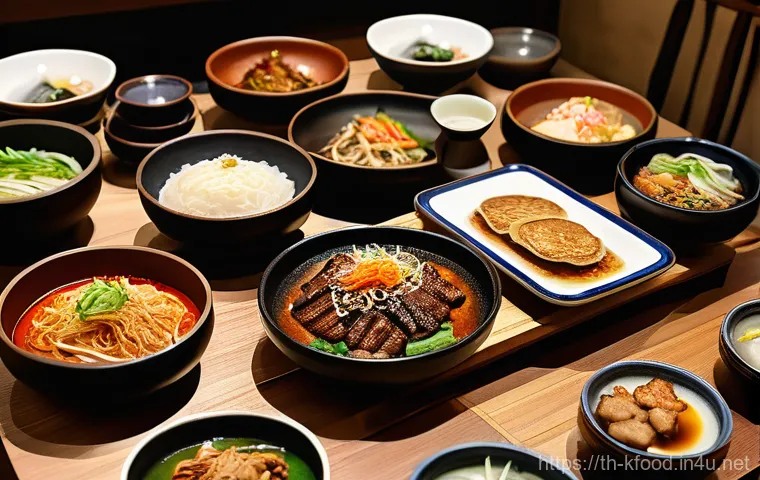 한식 한정식 구성법 - A beautifully arranged traditional Korean Han Jeong Sik table, viewed from a slightly elevated angle...