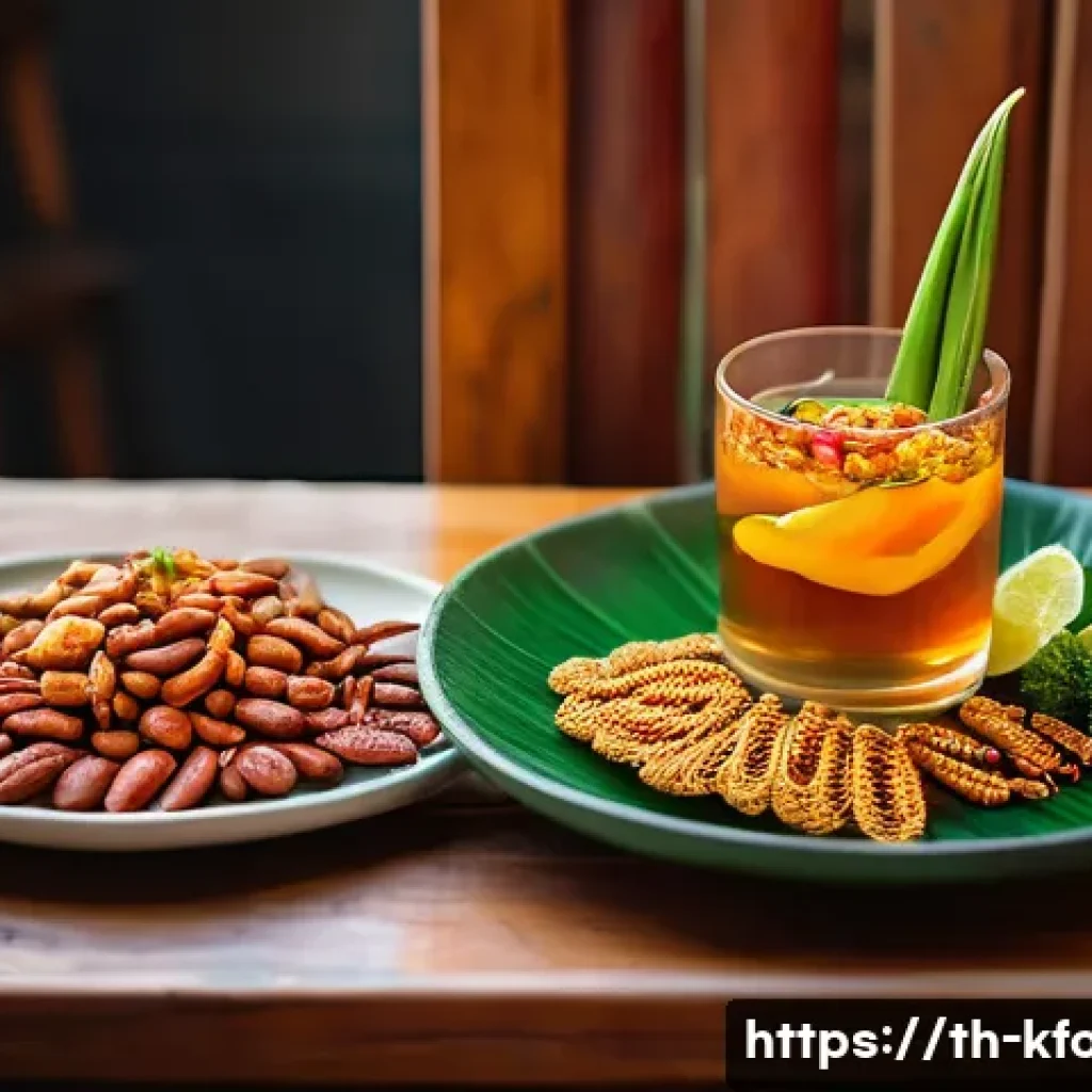 한식 전통주와 어울리는 안주 - A vibrant Thai dining table scene featuring traditional local alcoholic drinks with sweet and aromat...