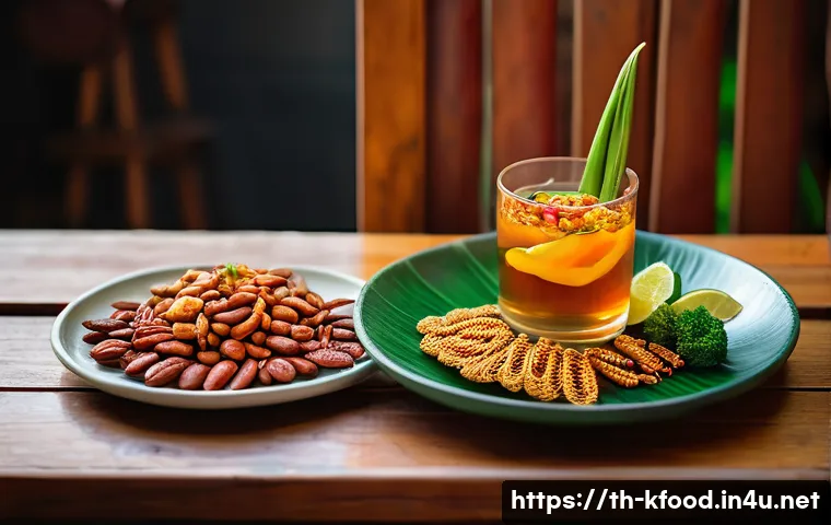 한식 전통주와 어울리는 안주 - A vibrant Thai dining table scene featuring traditional local alcoholic drinks with sweet and aromat...