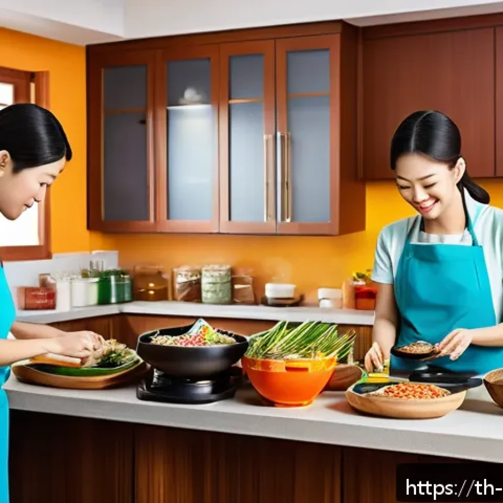 한식 관련 도서 추천 - A vibrant kitchen scene featuring a Thai family cooking Korean dishes together, including bibimbap a...