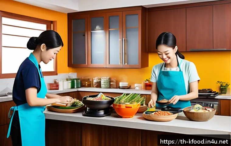 한식 관련 도서 추천 - A vibrant kitchen scene featuring a Thai family cooking Korean dishes together, including bibimbap a...