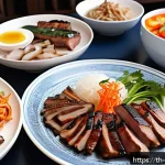 Home 22 한식 홈파티 메뉴 추천 - A vibrant Korean barbecue party scene at home featuring a modern electric grill with perfectly slice...
