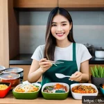 Home 21 한식 정기구독 서비스 - A cozy modern kitchen setting in Bangkok with a young Thai woman unpacking a neatly arranged Korean ...