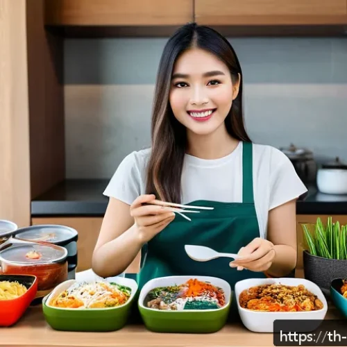 Home 33 한식 정기구독 서비스 - A cozy modern kitchen setting in Bangkok with a young Thai woman unpacking a neatly arranged Korean ...