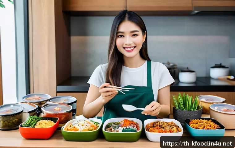한식 정기구독 서비스 - A cozy modern kitchen setting in Bangkok with a young Thai woman unpacking a neatly arranged Korean ...