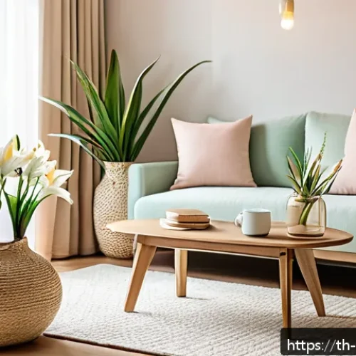 Home 31 한식 테마로 꾸미는 집들이 - A cozy living room interior designed with warm pastel and earth tones, featuring cream-colored multi...