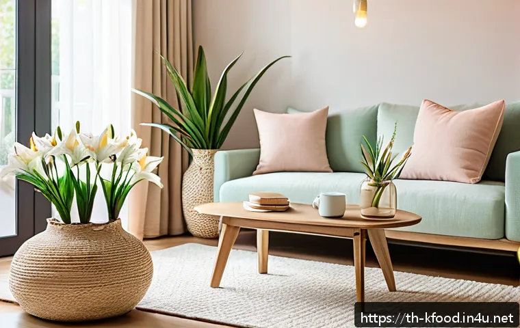 한식 테마로 꾸미는 집들이 - A cozy living room interior designed with warm pastel and earth tones, featuring cream-colored multi...
