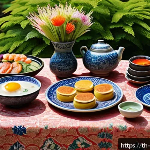 Home 30 전통 한식 명절 음식 소개 - A vibrant traditional Korean festival dining table set outdoors in a lush garden during spring, feat...