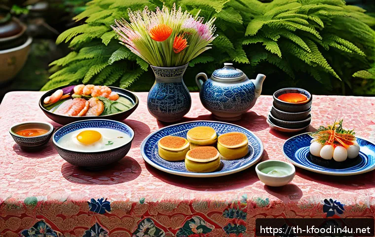 전통 한식 명절 음식 소개 - A vibrant traditional Korean festival dining table set outdoors in a lush garden during spring, feat...