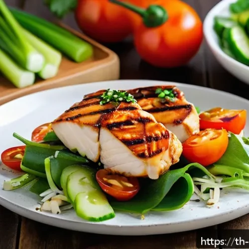 Home 29 한식 고단백 저칼로리 요리 - A vibrant, healthy high-protein Thai meal featuring grilled chicken breast coated with a spicy Korea...