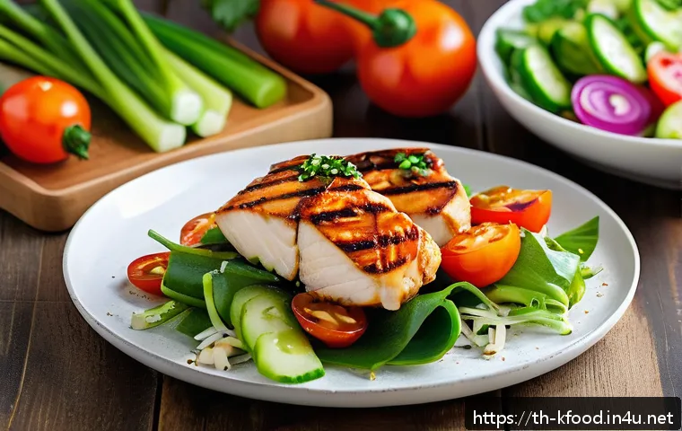 한식 고단백 저칼로리 요리 - A vibrant, healthy high-protein Thai meal featuring grilled chicken breast coated with a spicy Korea...