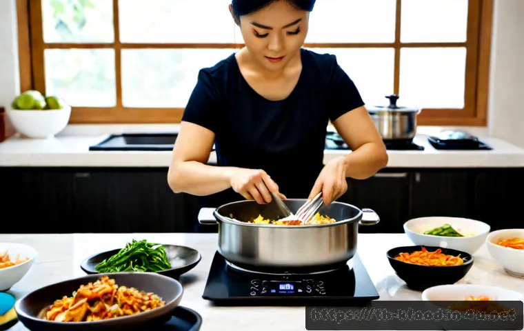 Home 17 한식 조리 시간 단축 꿀팁 - Photorealistic Thai home kitchen scene showing efficient Korean-style meal prep, a Thai woman using ...