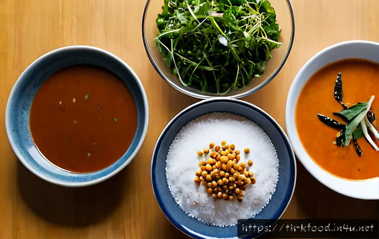 한식 조미료 추천 및 비교 - Photorealistic overhead comparison scene of three unbranded Thai-style seasoning options in clear gl...