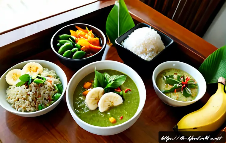 Home 17 한식 명절 음식 밀키트 - Photorealistic Thai festive meal kit arranged on a clean wooden kitchen table, neatly portioned ingr...